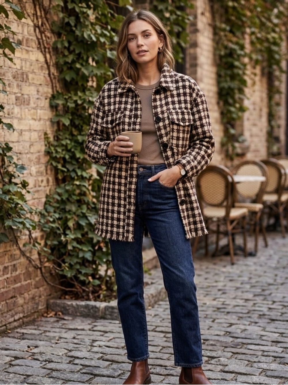 NWT Checkered Houndstooth Jacket Shacket Shirt, Size medium, ODDY, brown tan